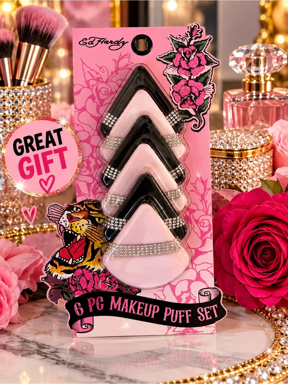 Ed Hardy Pink Rhinestone Triangle Makeup Puff Set #BP005